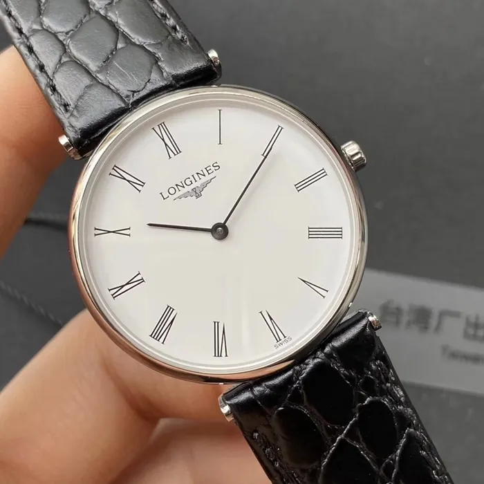 top-tier watch Longines couple watch white dial blue belt elegant Jialan series quartzleather strap watch side view