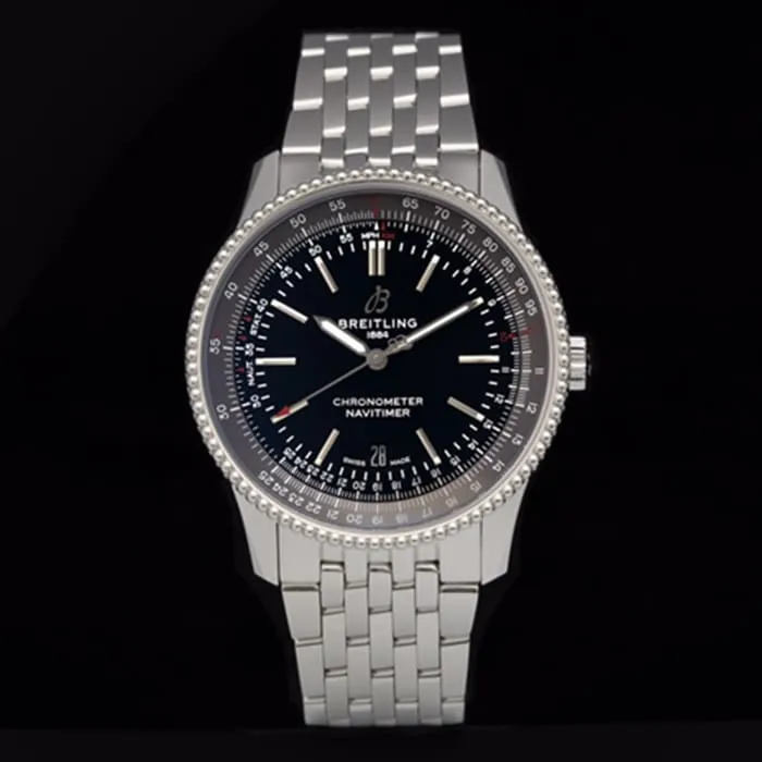 Top-tier watch Breitling men's black dial aviation chronograph1 series steel bracelet watch back cover picture