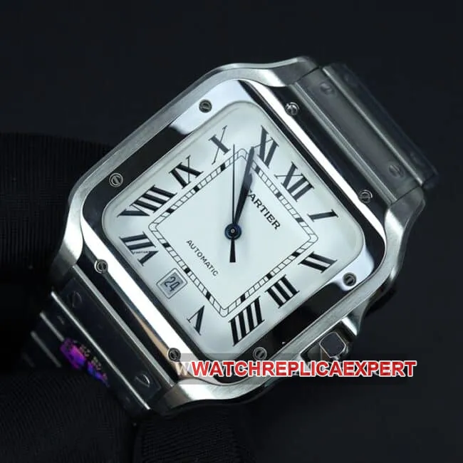 BV Factory Cartier Top Watch Men's White Dial Steel Band New Santos Automatic Mechanical Watch Clasp Photos