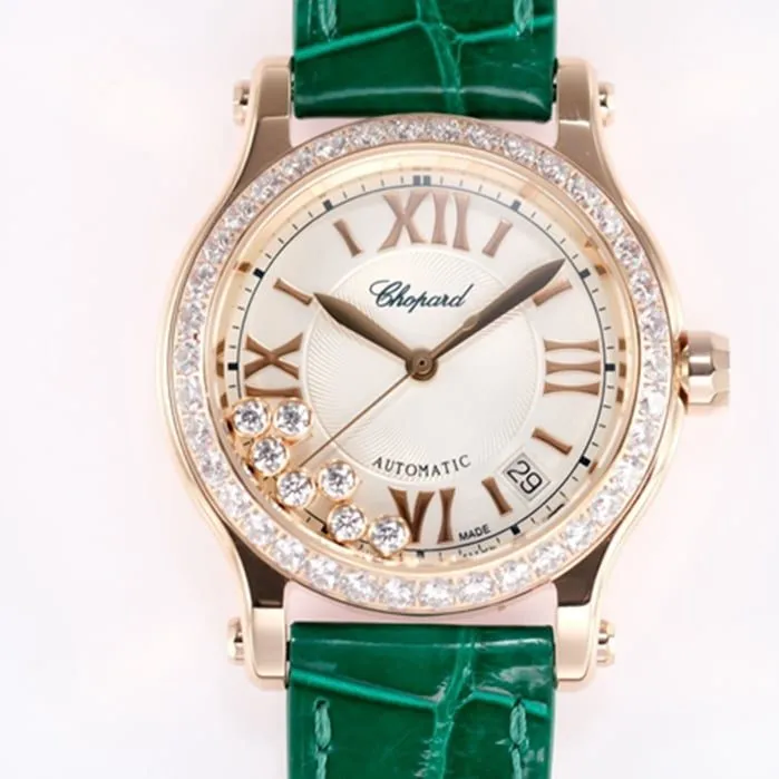 top-tier watch Chopard women's white dial green strap happy diamond series mechanical leather strap watch side view