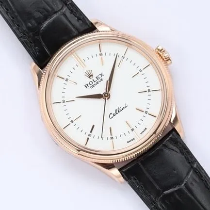 top-tiersuper watch Rolex men's white dial black belt automatic movementleather strap Cellini series watch front view