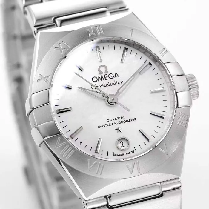 Top collectible watches Omega Women's White Plate Constellation Steel Strap Watch Side View