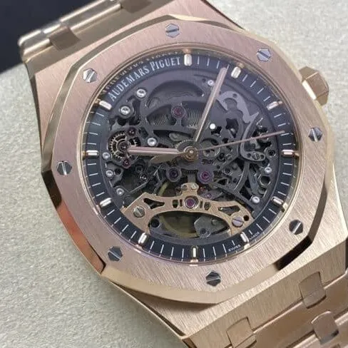 top-tier replicaAudemars Piguet Skeleton Royal Oak Offshore 15407ST.OO.1220ST.01rose goldblack dial men's mechanical watch front view