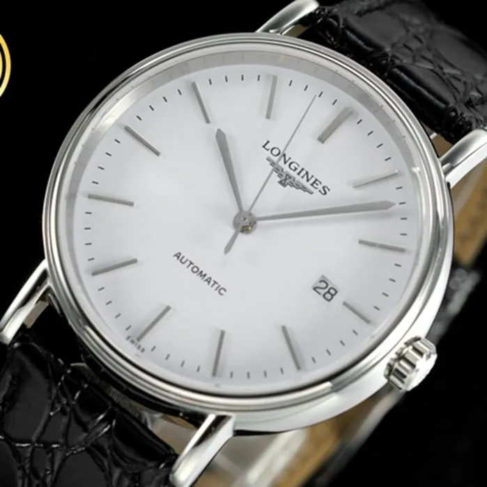 top-tier watch Longines men's white dial black belt magnificent series leather strap watch clasp picture