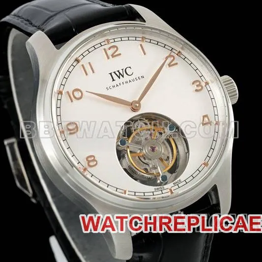 IWC collectible watch RMS factory Portugal white dial gold needle tourbillon mechanical leather strap caseback live photo
