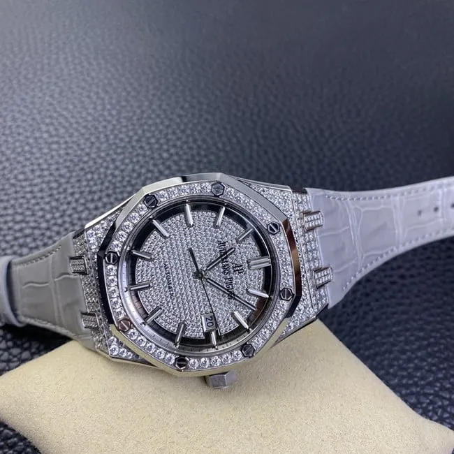 Audemars Piguettop-tier watch men's white dial gray belt Royal Oak series fully automatic movementleather strapclasp picture