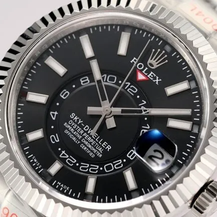 Top Rolex men's black dial steel bracelet Sky-Dweller series automatic mechanical watch side view