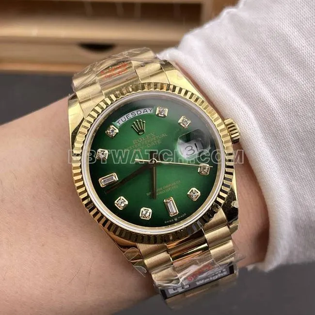 1:1replica watch QF factory Day-DateRolex smoked green dialyellow gold2836 mechanical 36mmfront live photo