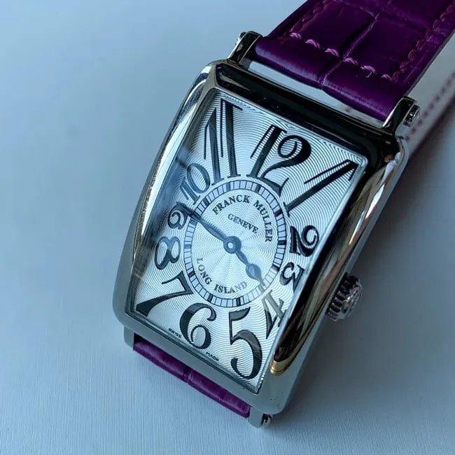 Top Frank Muller Faux Women's White Plate Purple Strap Long Island Series Quartz Belt Watch Front View