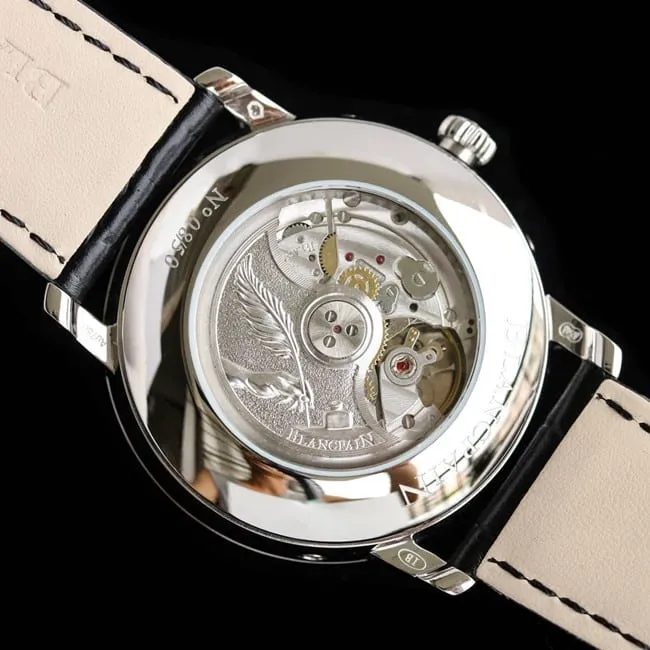 Blancpaintop-tier watchvilleret classic 6654moon phase display series men's blue dial black belt watch front view