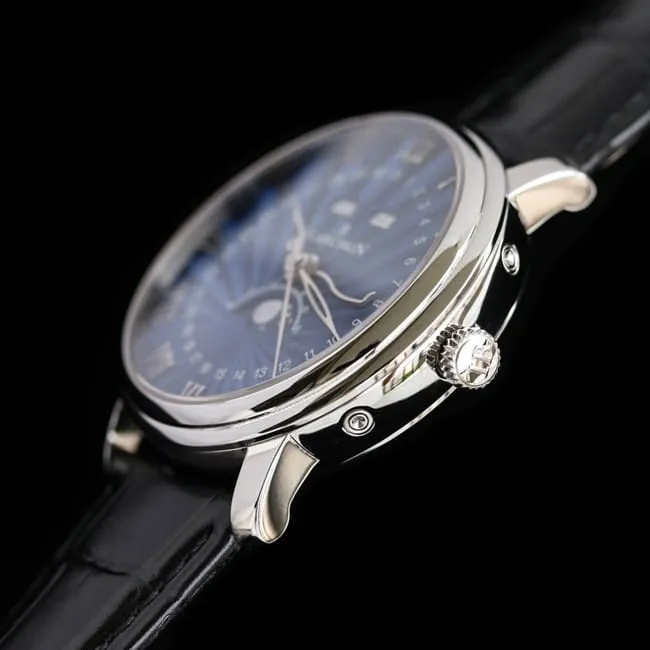 Blancpaintop-tier watchvilleret classic 6654moon phase display series men's blue dial black belt watch clasp picture