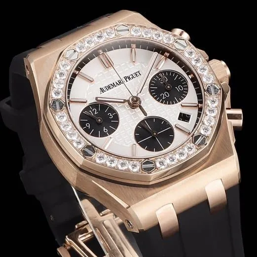 Top Audemars Piguet Royal Oak Rose Gold Case Women's Multifunction Chronograph Mechanical Watch Front View
