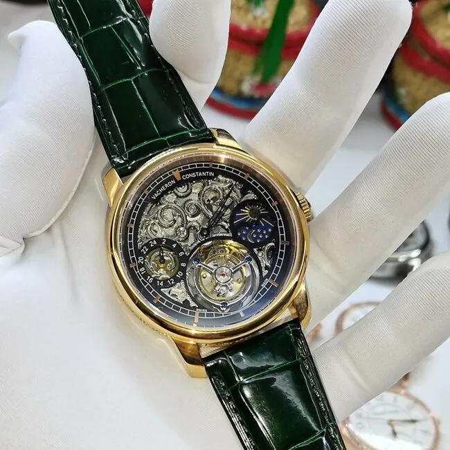 top-tier watch Vacheron Constantin men's black dial green strap tourbillon mechanical leather strap watch front view