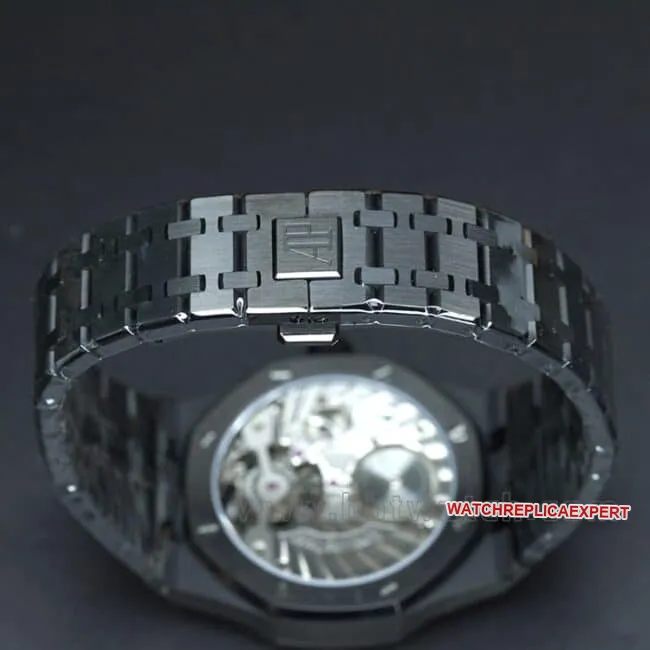 R8 factory top-tier replicaAudemars PiguetRoyal Oak series tourbillonmovement men's all black all automatic movementsteel bracelet watch front view