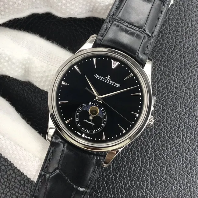 GF Factorytop-tier watch Jaeger-LeCoultre men's black dial black belt master series automatic movementleather strap watch front view