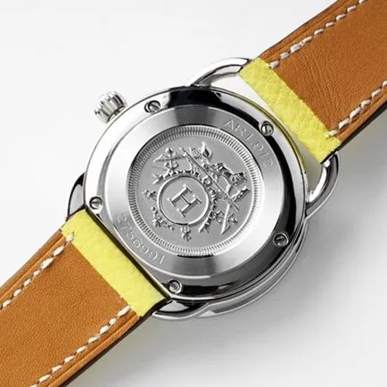 Top-tier Hermès women's white dial yellow belt classic series quartzleather strap watch back cover picture