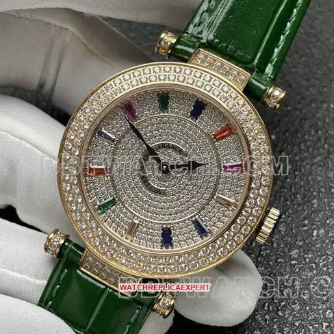 Franck Muller quartz collectible watch ABF factory diamond plate gold diamond bezel green leather braceletside live photo