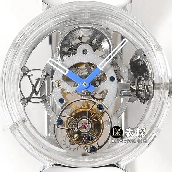 RM men's Louis Vuitton watch transparent case hollow plate tourbillon dark blue color leather strap model side live photo