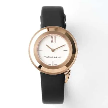top-tier Van Cleef & Arpels women's white dial black belt Charms Gold series quartz watch side view