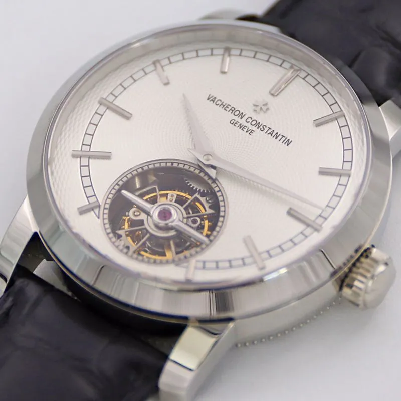 Vacheron Constantintop-tier watch Traditionnelle series tourbillonleather strapwhite dial men's watch side view