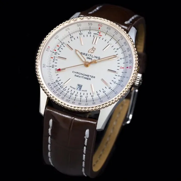 top-tier watch Breitling men's white dial aviation chronograph1 series leather strap watch clasp picture