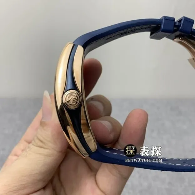 ABF men's Frank Muller watch blue dial gold leather strap model side view