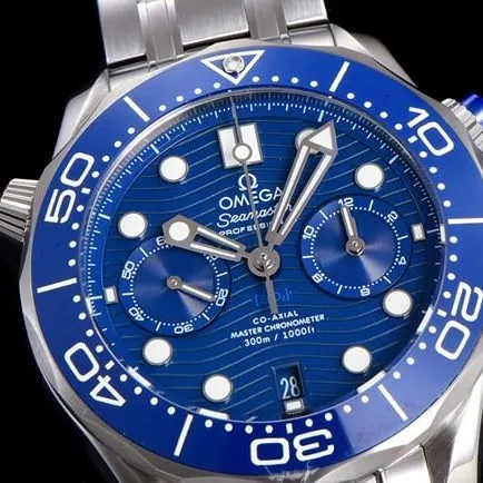 OM Factorytop-tier watch Omega men's 44mm Seamaster 300m blue dialsteel braceletchronograph watch front view