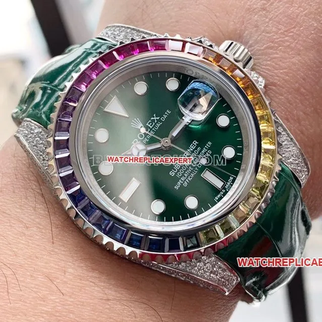 Rolex Submariner1:1super clonegreen dial rainbow diamond bezelleather strap clasplive photos