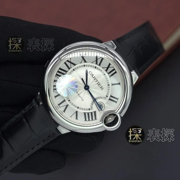 af factory blue balloon Cartier1:1replica watch white dial black leather bracelet front view