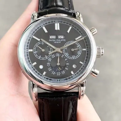 Patek Philippetop-tier men's black dial black belt full automatic movement super complex function chronograph series watch side view