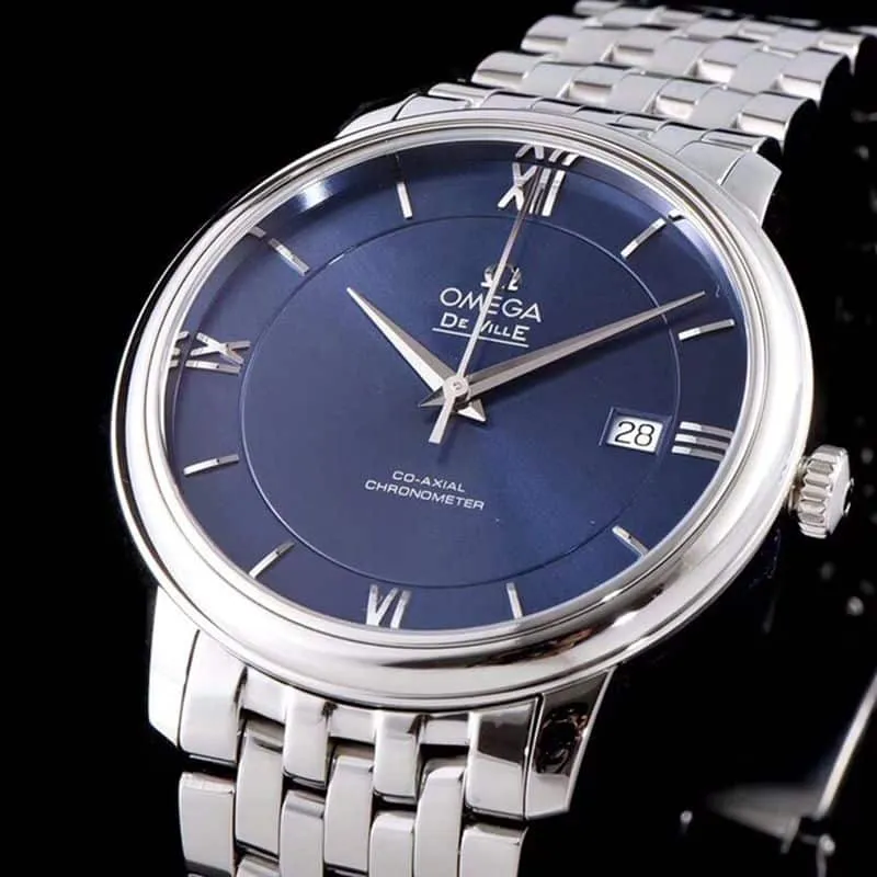 super cloneOmegatop-tier watch De Ville series men's mechanical ultra-thin watch white steel blue face clasp picture