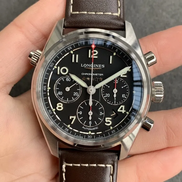 top-tier watch Longines men's black dial pioneer series leather strap watch side view