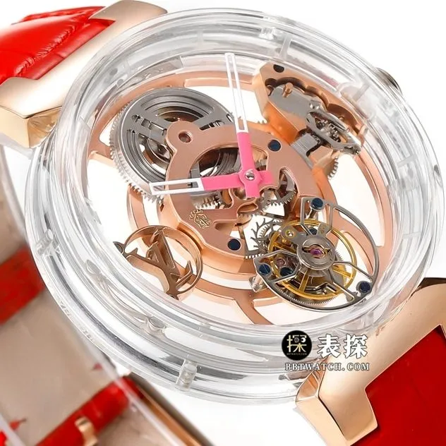 RM men's Louis Vuitton watch hollow plate tourbillon red leather strap model side live photo