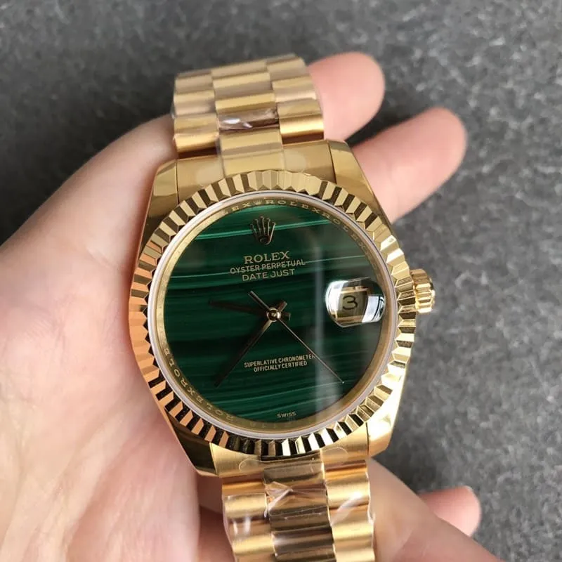 Rolex high-quality imitation Datejust 36mm malachite green dial men's mechanical watch full gold no hour markers front view