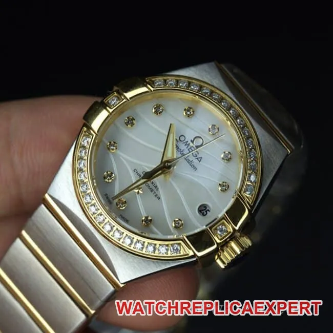 Omegatop-tier watch constellation series ladies' watchwhite dialsteel bracelet diamond-set mother-of-pearl mechanical 123.25.27.20.55.004 watch side view