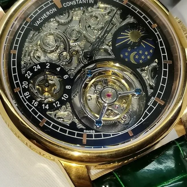 top-tier watch Vacheron Constantin men's black dial green strap tourbillon mechanical leather strap watch front view