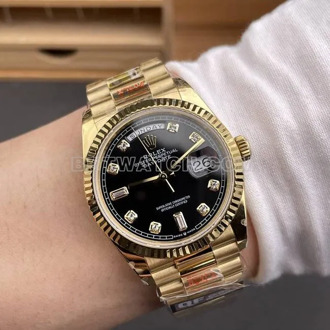 top-tier watch QF factory Day-DateRolexblack dialyellow gold2836 mechanical 36mmfront live photo