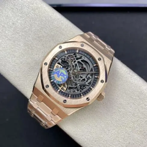 top-tier replicaAudemars Piguet Skeleton Royal Oak Offshore 15407ST.OO.1220ST.01rose goldblack dial men's mechanical watch front view