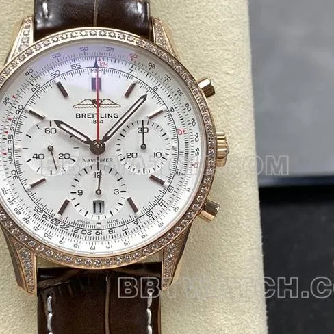 1:1replica watch aviation chronographBLS factory Breitlingrose gold diamond white dialleather strap caseback live photo