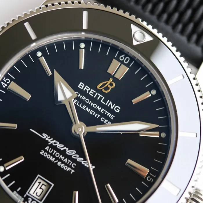 top-tier watch Breitling men's black dial super ocean culture series mechanical leather strap watch front view