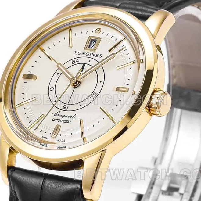 AD factory Longines classic replica1:1top-tier replicaguilloché dialyellow goldleather strap style side live photo