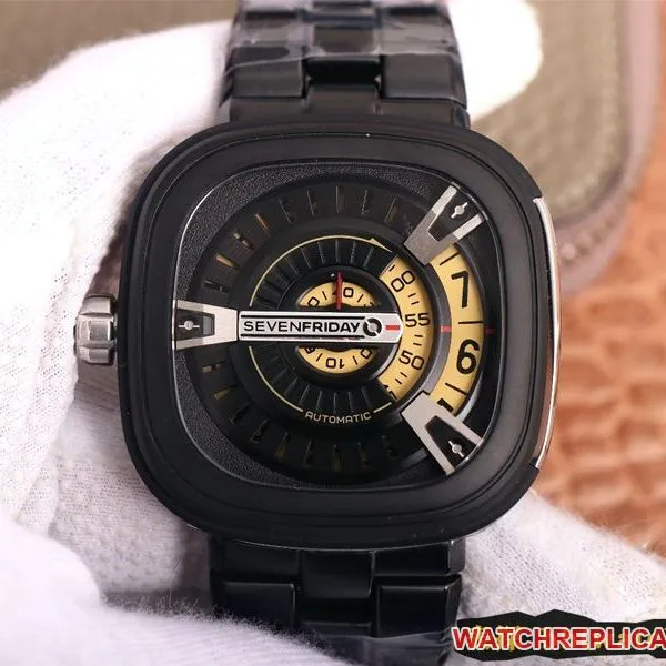 watch seven day display five SEVENFRIDAY/automatic movementmen's watch Swiss steel bracelet large dial all black side view