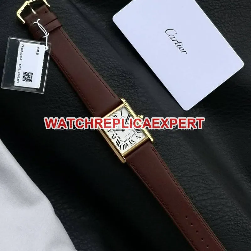 Cartier1:1replica watch F1 factory tank white dialyellow gold case 2899MCmovementleather strap model front live photo