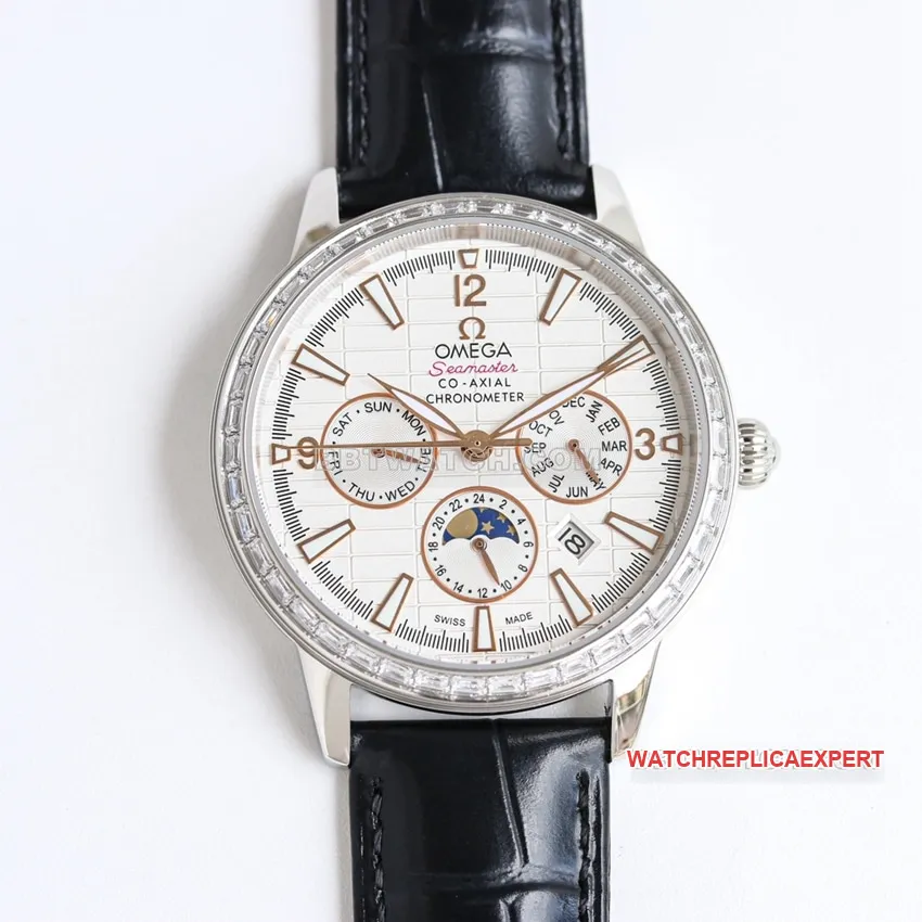 OmegaSeamaster1:1top-tier yellow white dialleather strap model 210.30.42.20.01.022caseback live photo
