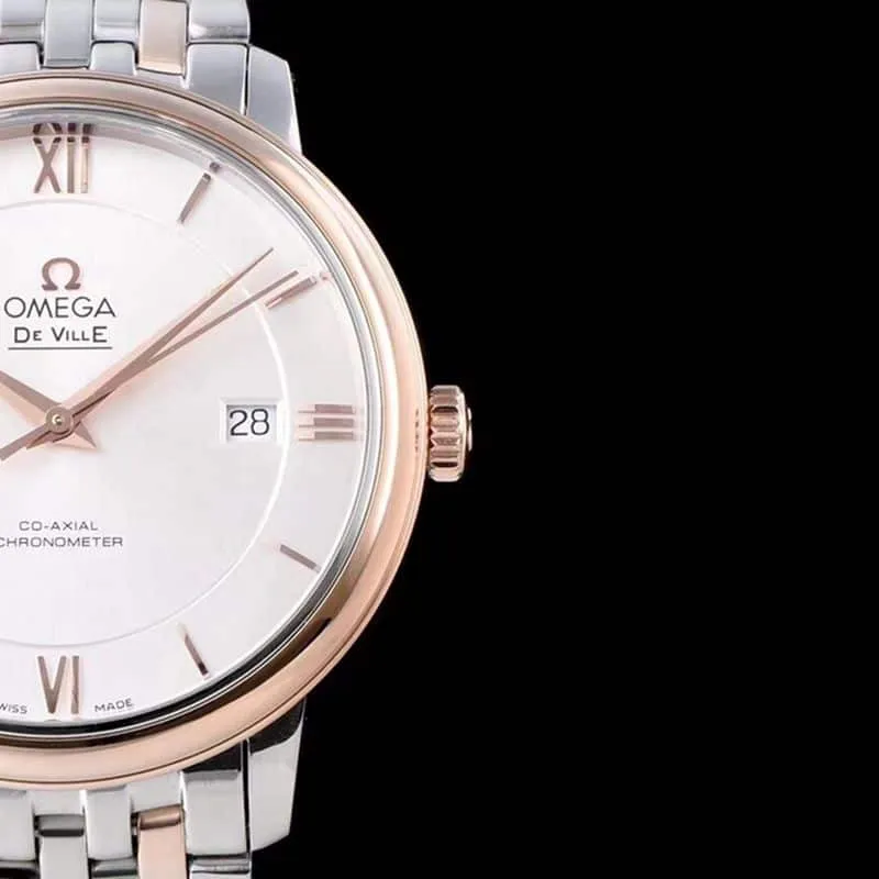Omega watch disc flying business series men's mechanical ultra-thin watch rose goldsteel bracelet white back cover picture