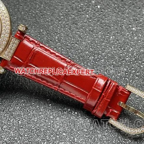 collectible watch frank mill quartz ABF factory black dial gold diamond bezel red leather braceletfront live photo