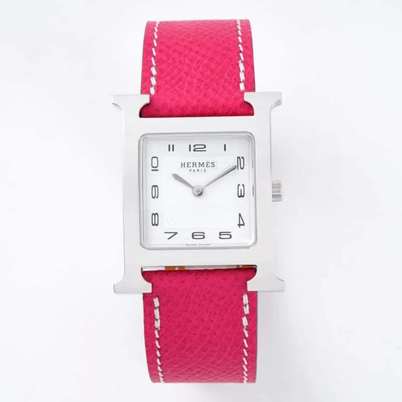 top-tiersuper cloneHermès ladies' watchHeureH series quartz square fashion watch pink braceletwhite dial back cover picture