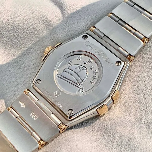 collectible watch Omega Constellation white dial gold diamond bezel 28mm quartz strap real photos