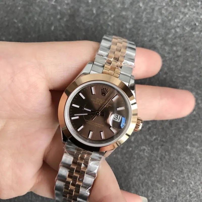 Rolex Datejust watch for women, 28mm, mechanical movement, tiger tooth bezel, rose gold, coffee-colored dial, front view