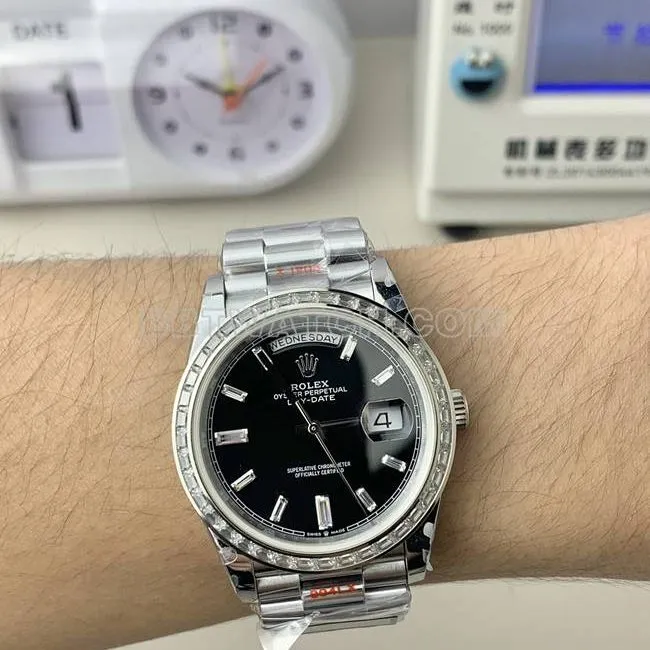 QF factory 1:1replica watch Day-DateRolexblack dial square diamond bezel40mm wearing live photos